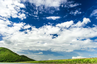 Scenic view of field against blue sky