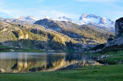 Scenic view of lake and mountains against sky