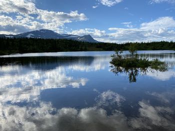 Scenic view of lake and mountains against sky reflecting in lake