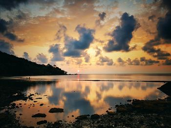 Scenic view of lake against orange sky