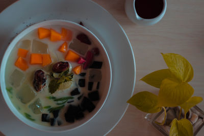 High angle view of breakfast served on table