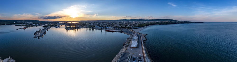 Amazing aerial panorama from city port and varna city at sunset, bulgaria.