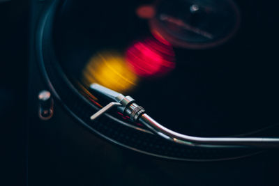 Close-up of record playing on turntable