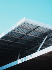 Low angle view of modern building against clear blue sky