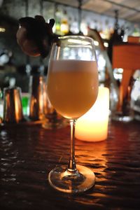 Close-up of beer in glass on table