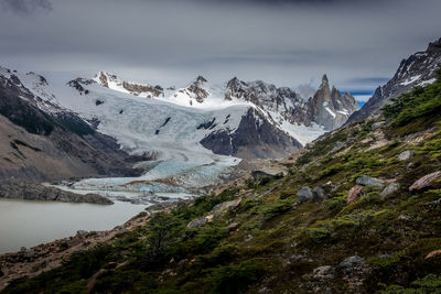 Scenic view of snowcapped mountains against sky