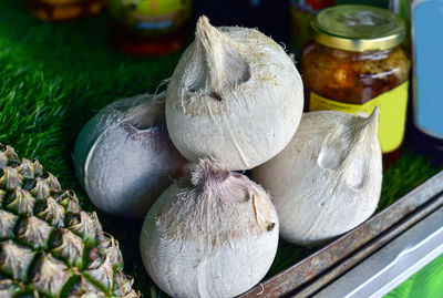 High angle view of eggs in container for sale