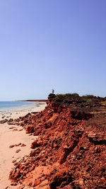 Scenic view of beach against clear blue sky