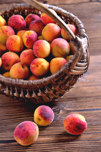 High angle view of fruits in basket on table