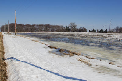 Scenic view of snow covered land against clear sky