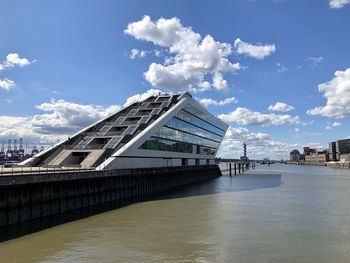 Bridge over river by buildings against sky