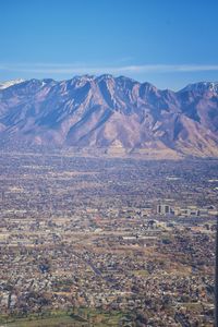 High angle view of mountains against sky