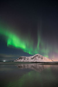 Scenic view of snowcapped mountains against sky at night