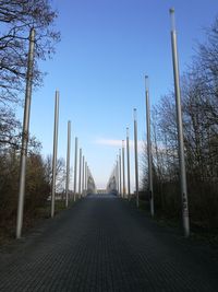 Empty footpath amidst plants against clear blue sky