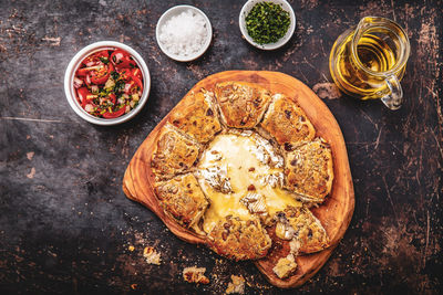 High angle view of food served on table