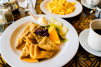 High angle view of food in plate on table