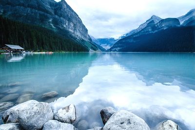 Scenic view of lake and mountains against sky