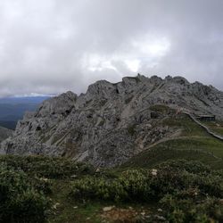 Scenic view of land and mountains against sky