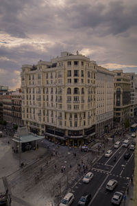 High angle view of buildings in city against sky