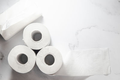 High angle view of white objects on table