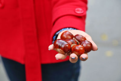 Midsection of woman holding chestnuts outdoors