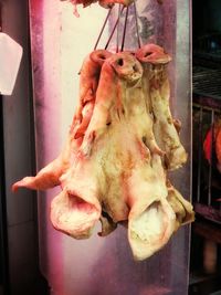 Close-up of meat hanging on barbecue grill