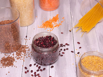 High angle view of fruits in jar on table