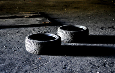 High angle view of tire on footpath