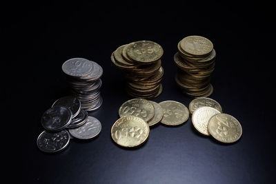 High angle view of coins