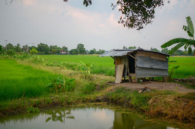 Hut by pond on field against sky