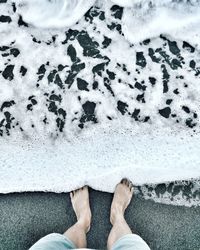 Low section of man standing on beach