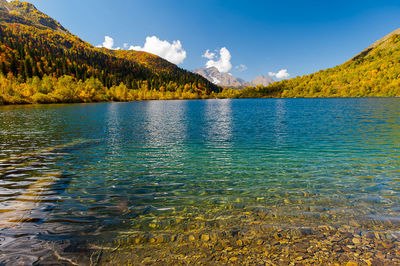 Scenic view of lake and mountains against sky