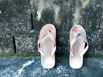 High angle view of shoes on wood