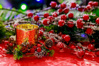 Close-up of christmas decorations on table