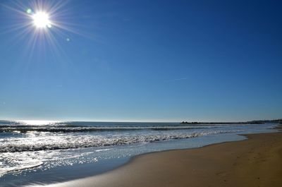 Scenic view of sea against clear sky on sunny day