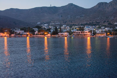 Scenic view of sea by town against sky