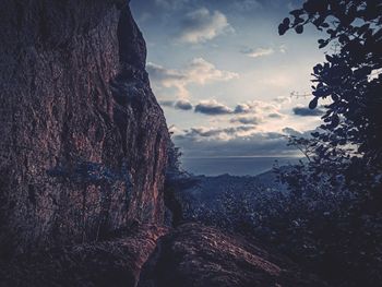 Scenic view of rock formation amidst trees against sky