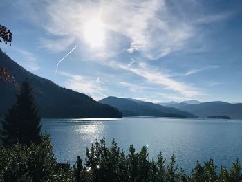 Scenic view of lake by mountains against sky