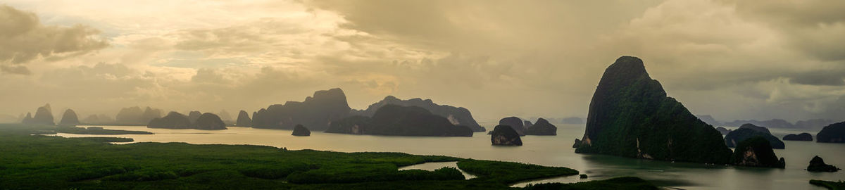 Panoramic view of rocks on sea against sky