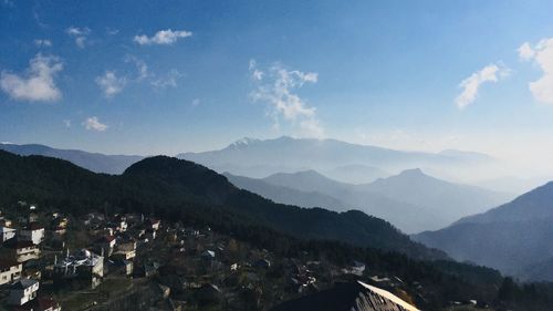 High angle view of mountains against sky