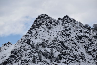 Low angle view of snowcapped mountain against sky