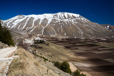 Scenic view of snowcapped mountains against clear sky