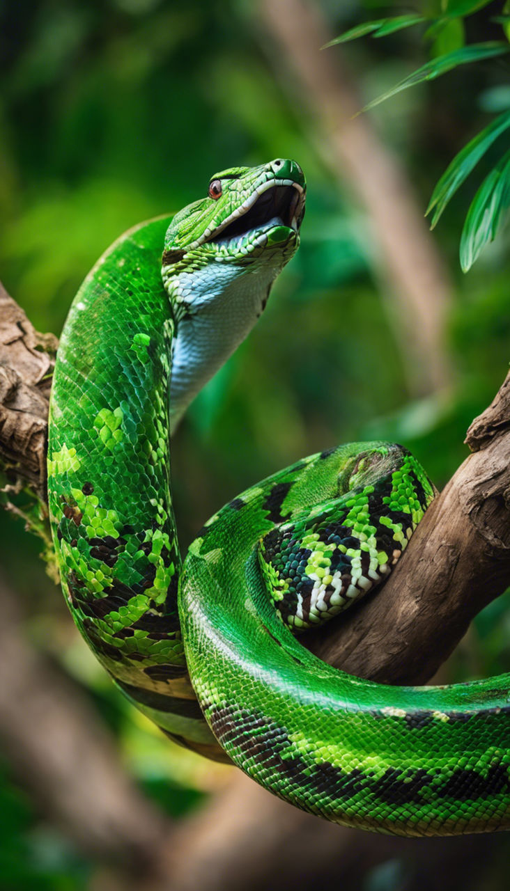 animal themes, animal, green, animal wildlife, reptile, one animal, snake, wildlife, tree, nature, branch, serpent, forest, animal body part, plant, no people, environment, rainforest, poisonous, close-up, outdoors, curled up, land, communication, sign, warning sign, day, focus on foreground