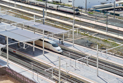 High angle view of trains in city