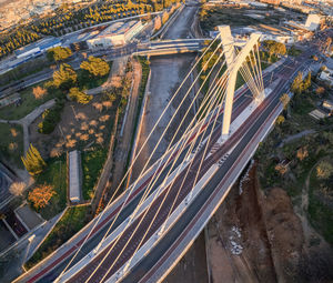 Xxi st century bridge panoramic aerial view  at golden hour in castellon de la plana, spain