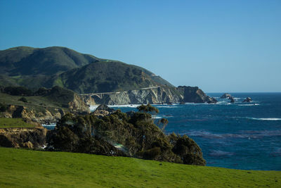 Scenic view of sea against clear blue sky