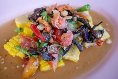 High angle view of vegetables in plate