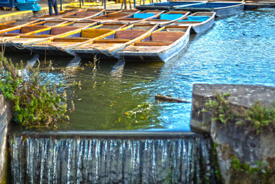 High angle view of boats moored at lake