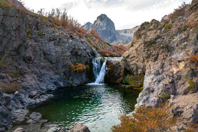 Scenic view of waterfall in mountains