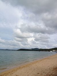 Scenic view of beach against cloudy sky